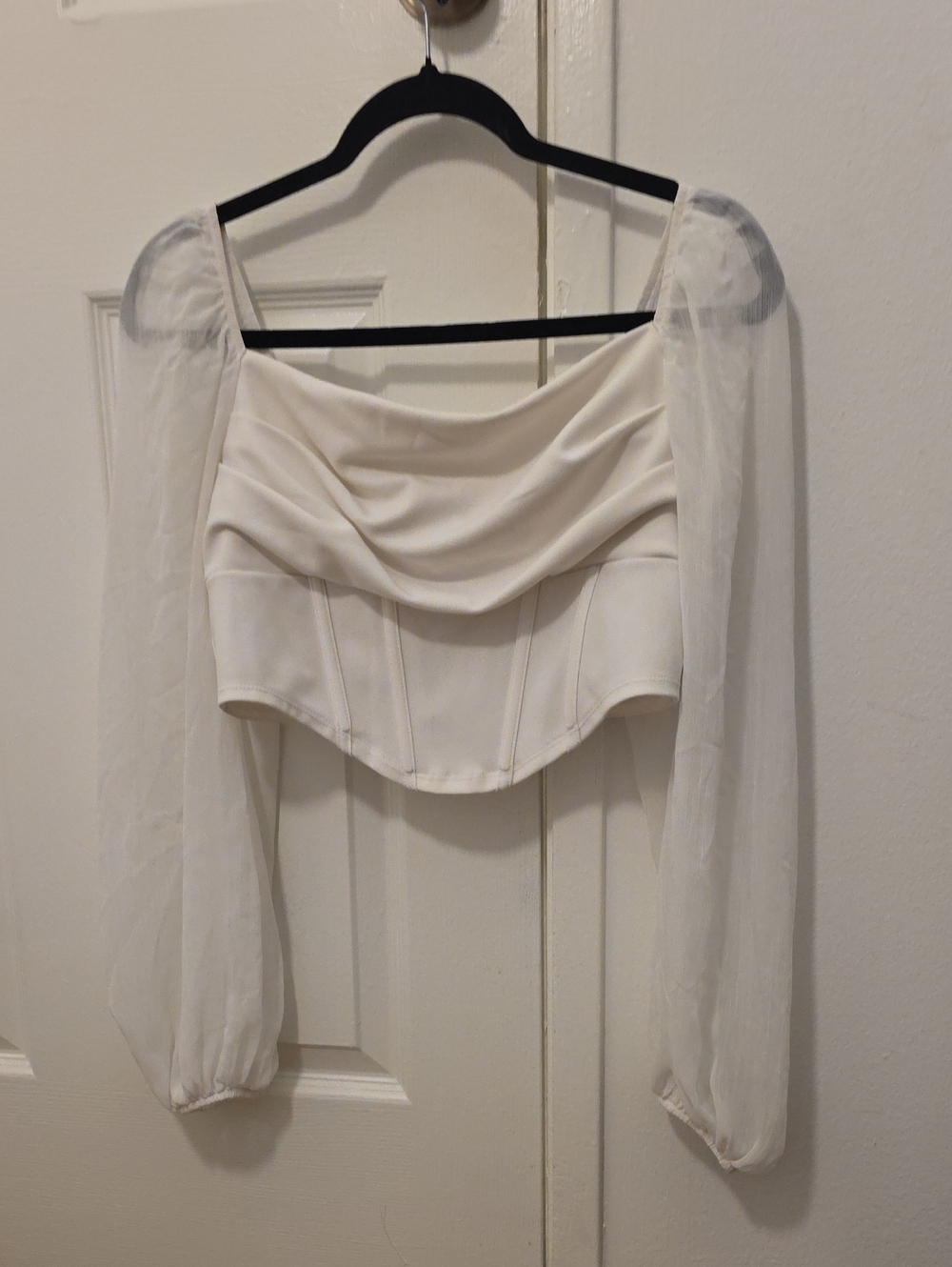 SHEIN Ivory Draped Corset Crop Top with Sheer Long Sleeves